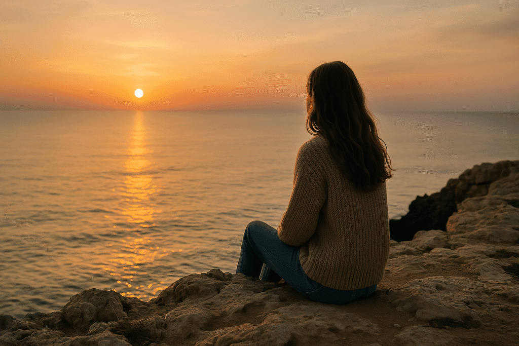  Donna seduta su una scogliera al tramonto, guarda il mare calmo con la luce dorata del sole che si riflette sull'acqua.