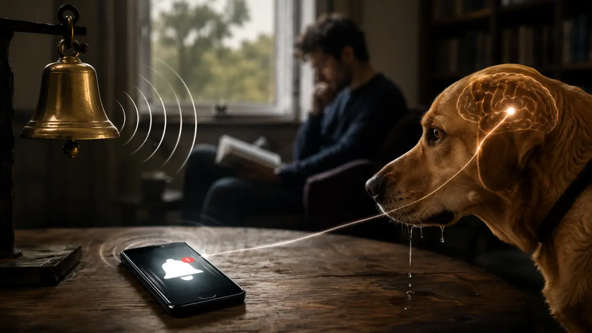 Smartphone con notifica accesa, campanello e cane di Pavlov: illustrazione del condizionamento digitale e della dipendenza dalle notifiche.