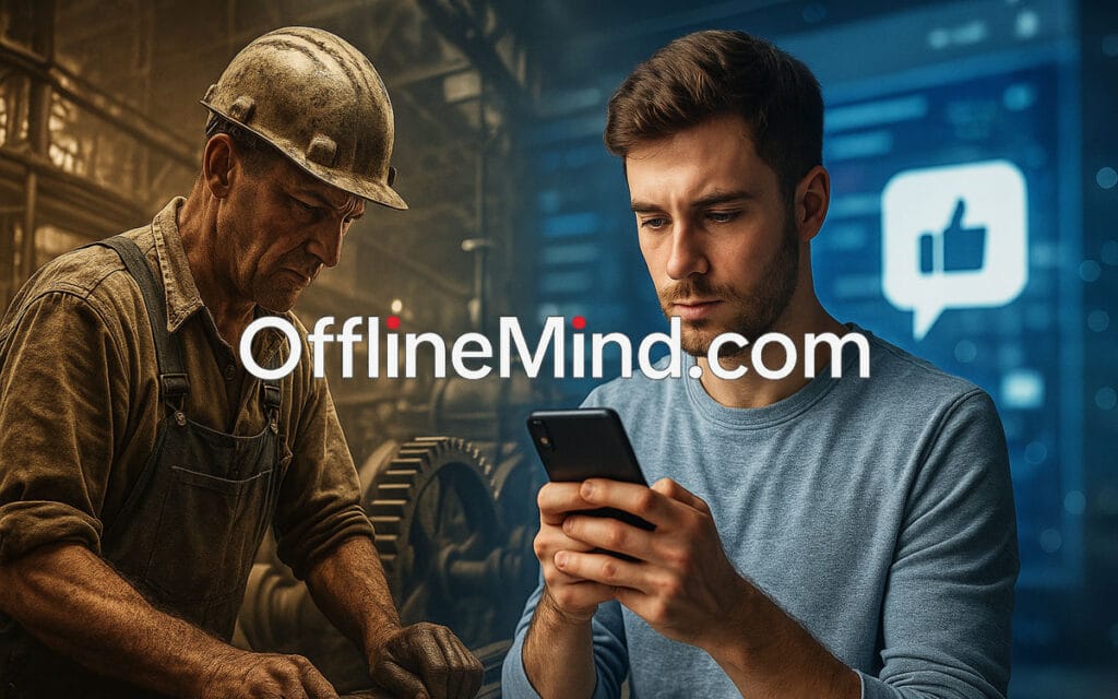 Confronto tra operaio in fabbrica e giovane utente digitale