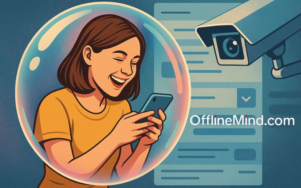 Donna sorridente in una bolla digitale osservata da una telecamera