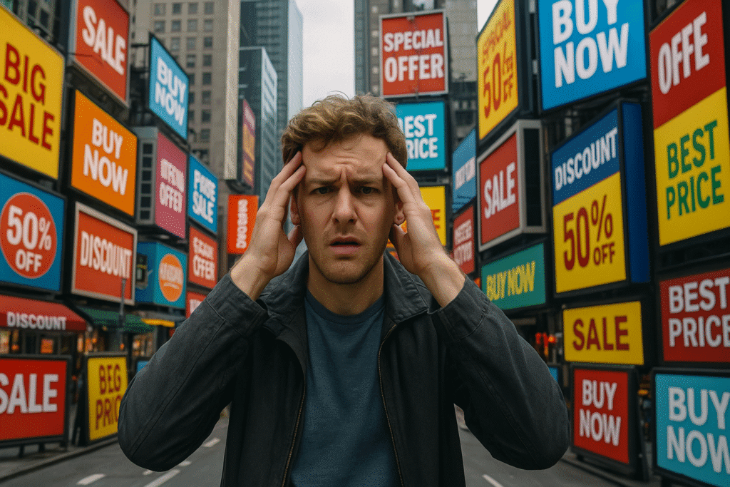 Giovane uomo confuso si tiene la testa tra le mani in una città invasa da cartelloni pubblicitari colorati con scritte come “SALE” e “BUY NOW”.