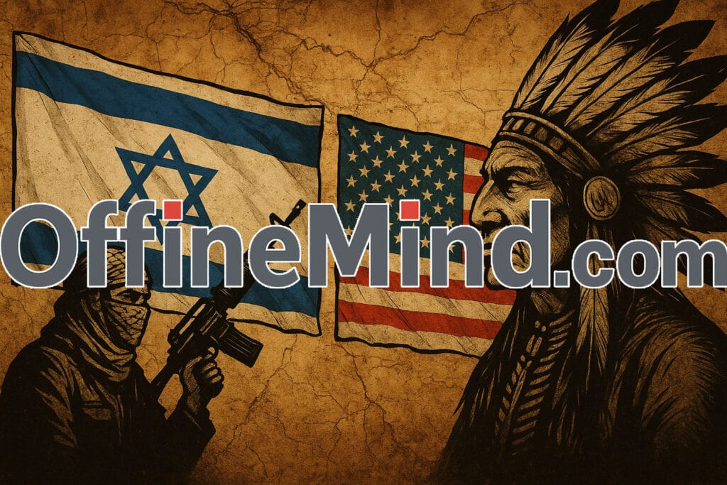 Illustrazione con bandiere di Israele e Stati Uniti, figura armata e capo nativo americano