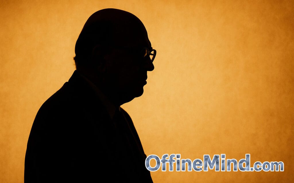 Silhouette di un uomo con occhiali in giacca e cravatta, ripreso di profilo su sfondo ocra, logo OfflineMind.com in basso a destra.