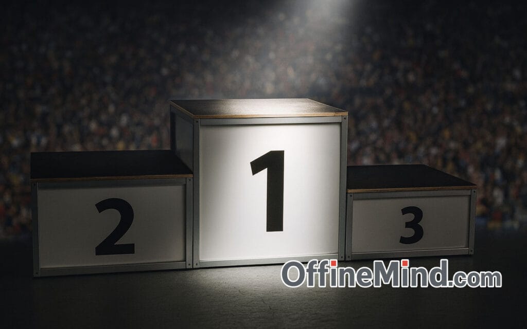 podio con numeri 1, 2 e 3 illuminato da un riflettore in uno stadio gremito
