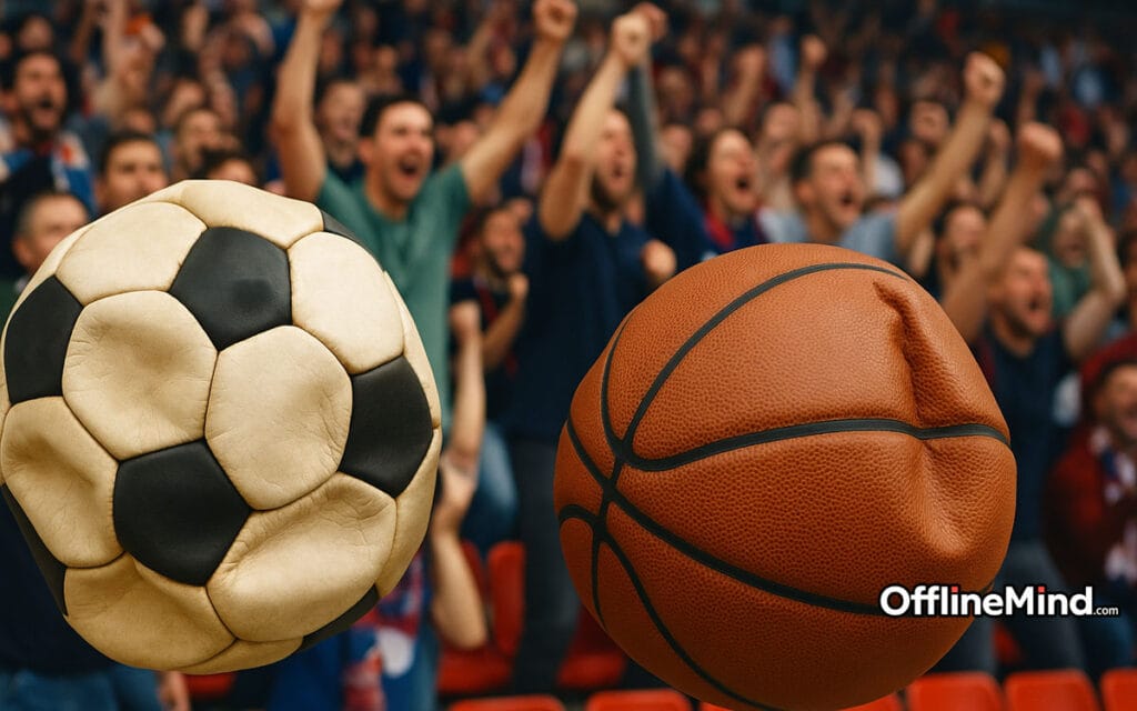 Palloni sgonfiati di calcio e basket davanti a tifosi urlanti