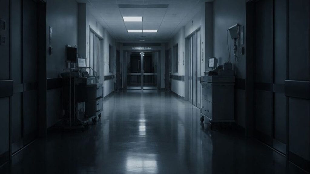Corridoio ospedaliero notturno e vuoto