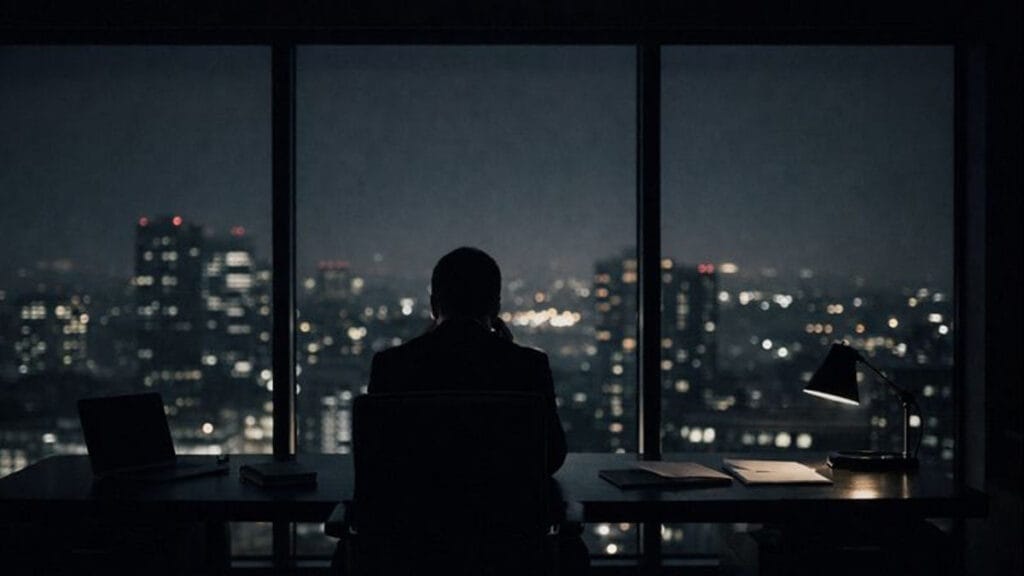 Imprenditore solo nel suo ufficio di notte, seduto alla scrivania davanti a una finestra con vista sulla città, in un momento di riflessione prima di una decisione importante.