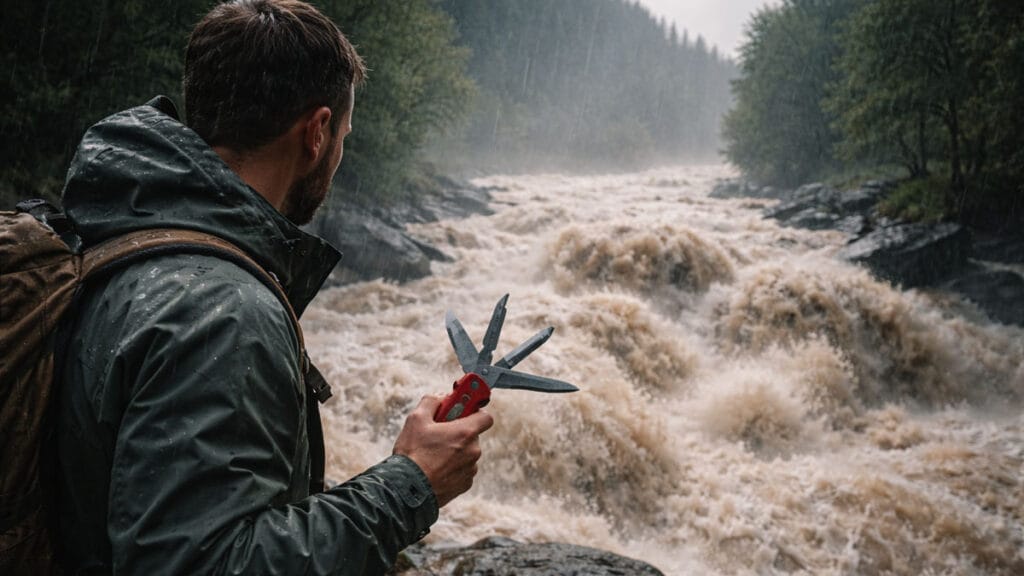 Persona pronta a intervenire con coltellino svizzero osserva un fiume in piena (169)