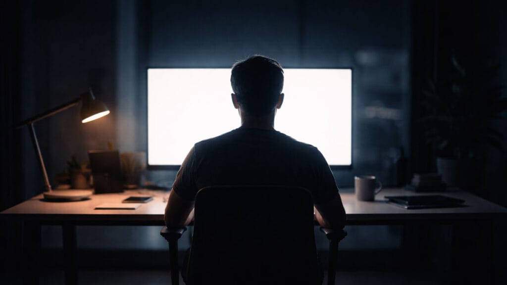 Uomo solo davanti allo schermo quando l’intelligenza artificiale diventa abitudine