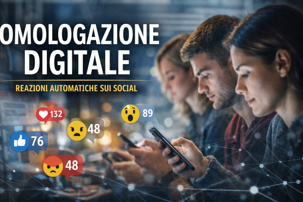 Omologazione digitale: persone che reagiscono automaticamente sui social tramite smartphone
