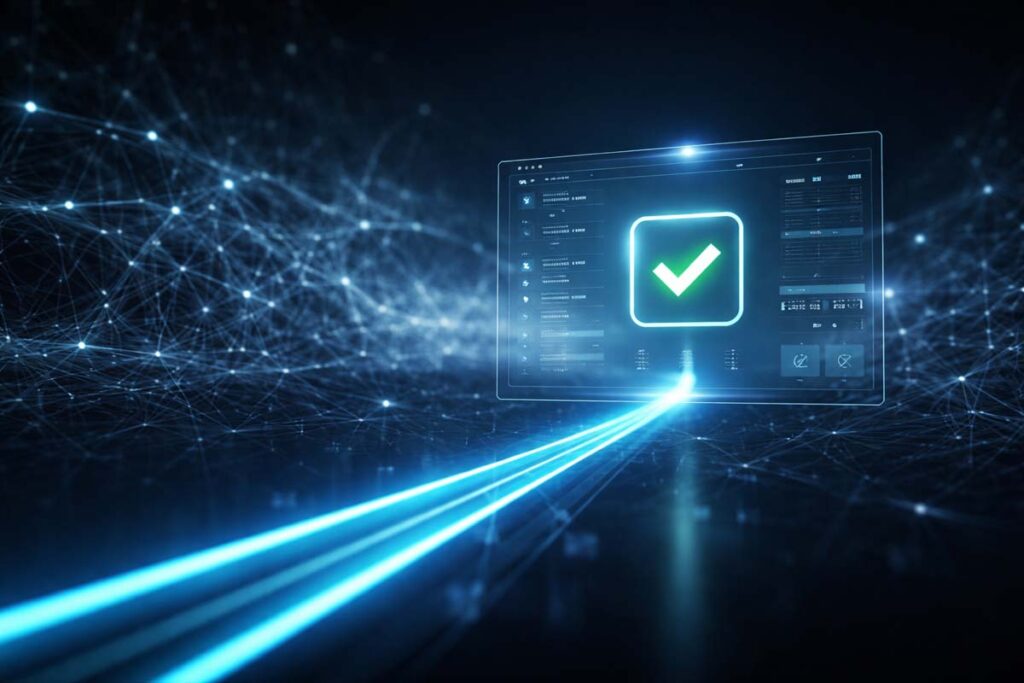 Rappresentazione concettuale di Audit Rail: una pista luminosa blu che attraversa una rete di dati complessi verso un'interfaccia di verifica con segno di spunta.