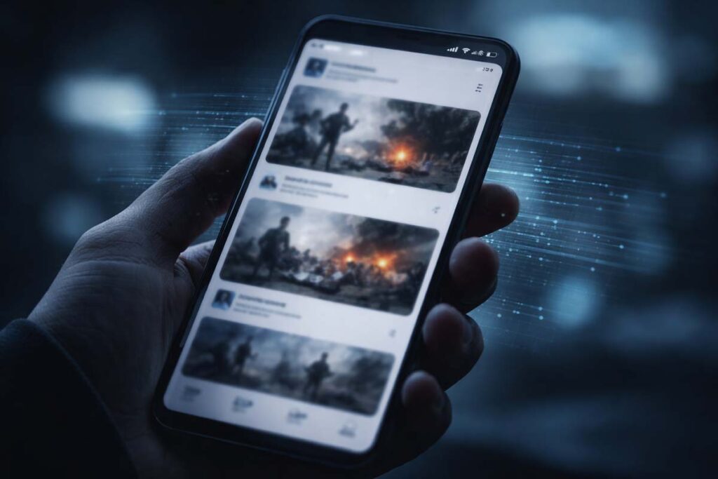 Smartphone con feed social che mostra immagini di conflitto filtrate da algoritmi