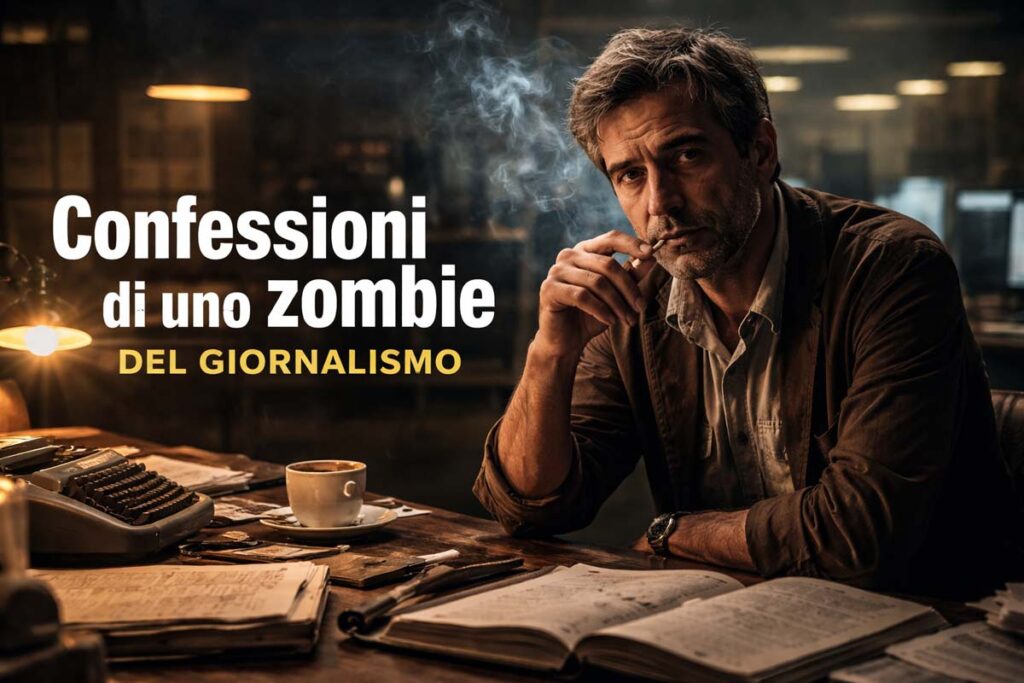 Giornalista di mezza età seduto in una redazione notturna, tra macchina da scrivere, fogli e tazza di caffè, illuminato dalla luce calda di una lampada, simbolo della crisi del giornalismo.