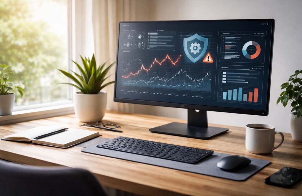 Scrivania minimale illuminata da luce naturale con monitor che mostra grafici finanziari, simbolo di controllo dell’automazione digitale.
