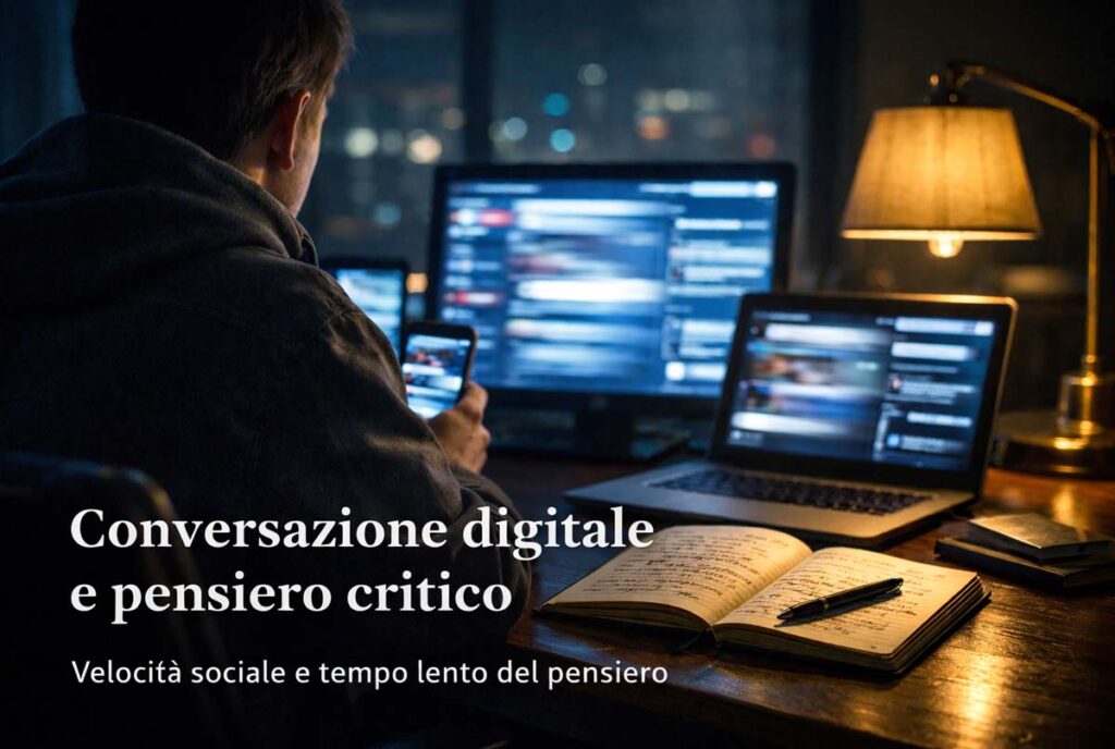 Conversazione digitale e pensiero critico rappresentati da persona tra schermi veloci e quaderno cartaceo aperto.