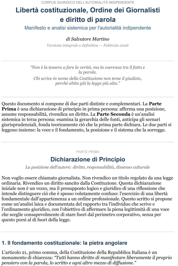 Documento di analisi su libertà di espressione, articolo 21 e rapporto tra diritto di parola e regolamentazione professionale del giornalismo in Italia.