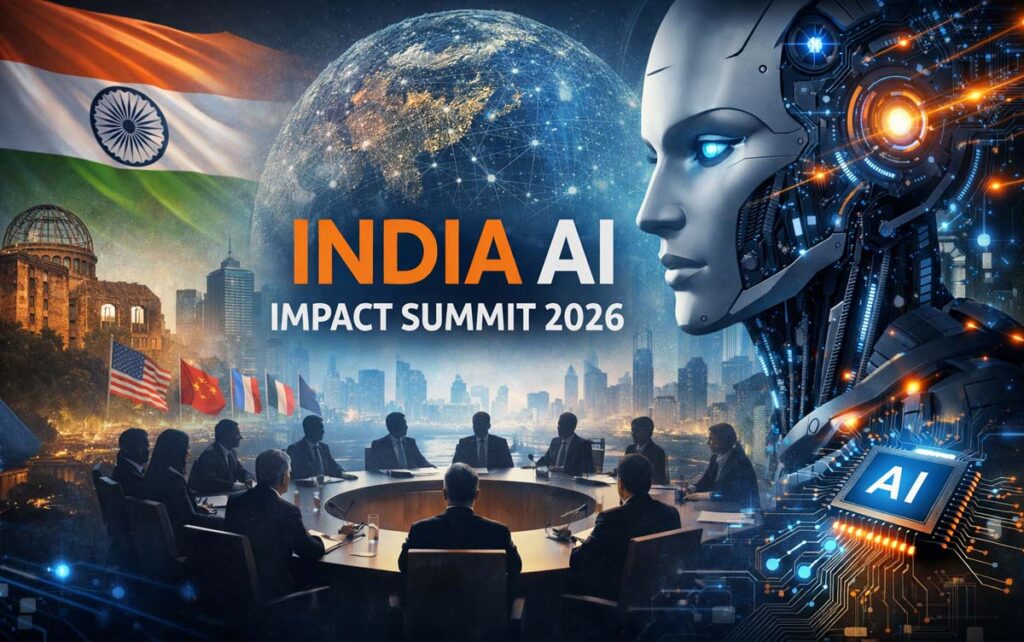 Illustrazione widescreen del India AI Impact Summit 2026 con mappa dell’India, rete digitale e simboli di governance dell’intelligenza artificiale.