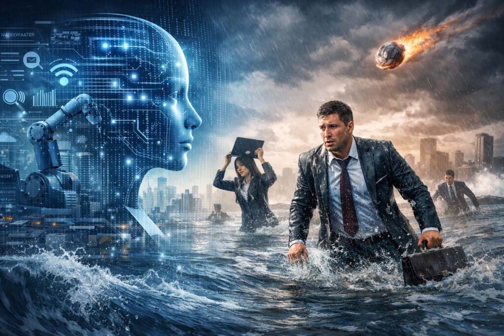 Intelligenza artificiale e lavoro: professionisti in abito formale camminano nell’acqua alta sotto un cielo con asteroide, accanto a un volto digitale simbolo dell’AI.