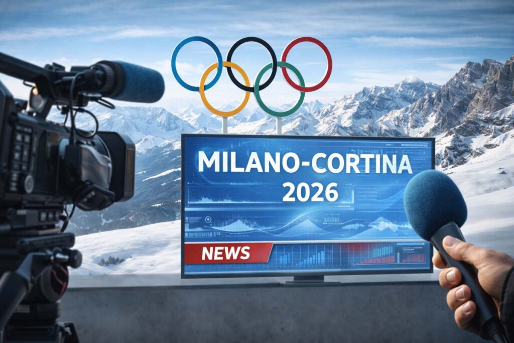 Copertura mediatica delle Olimpiadi Milano Cortina 2026 con telecamera e schermo informativo sulle Alpi innevate