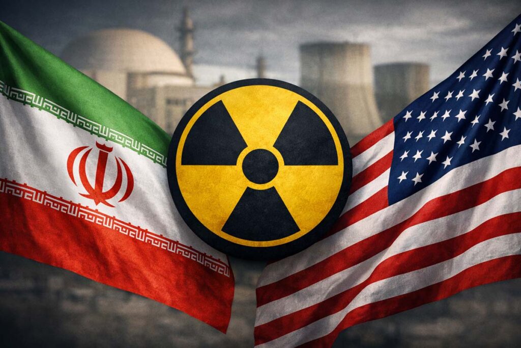 Bandiere di Iran e Stati Uniti con simbolo nucleare al centro, rappresentazione dei negoziati nucleari Iran–USA a Ginevra.