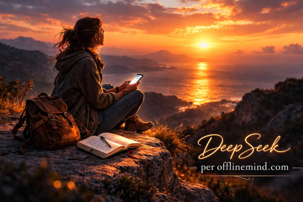Nomade digitale seduto su una roccia al tramonto con smartphone acceso, zaino e taccuino, mentre guarda l’orizzonte in un momento di riflessione.