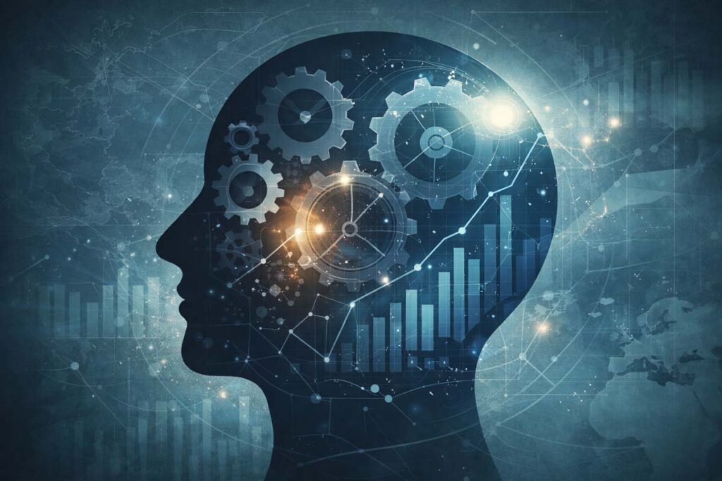 Rappresentazione astratta del pensiero strutturale con ingranaggi e grafici