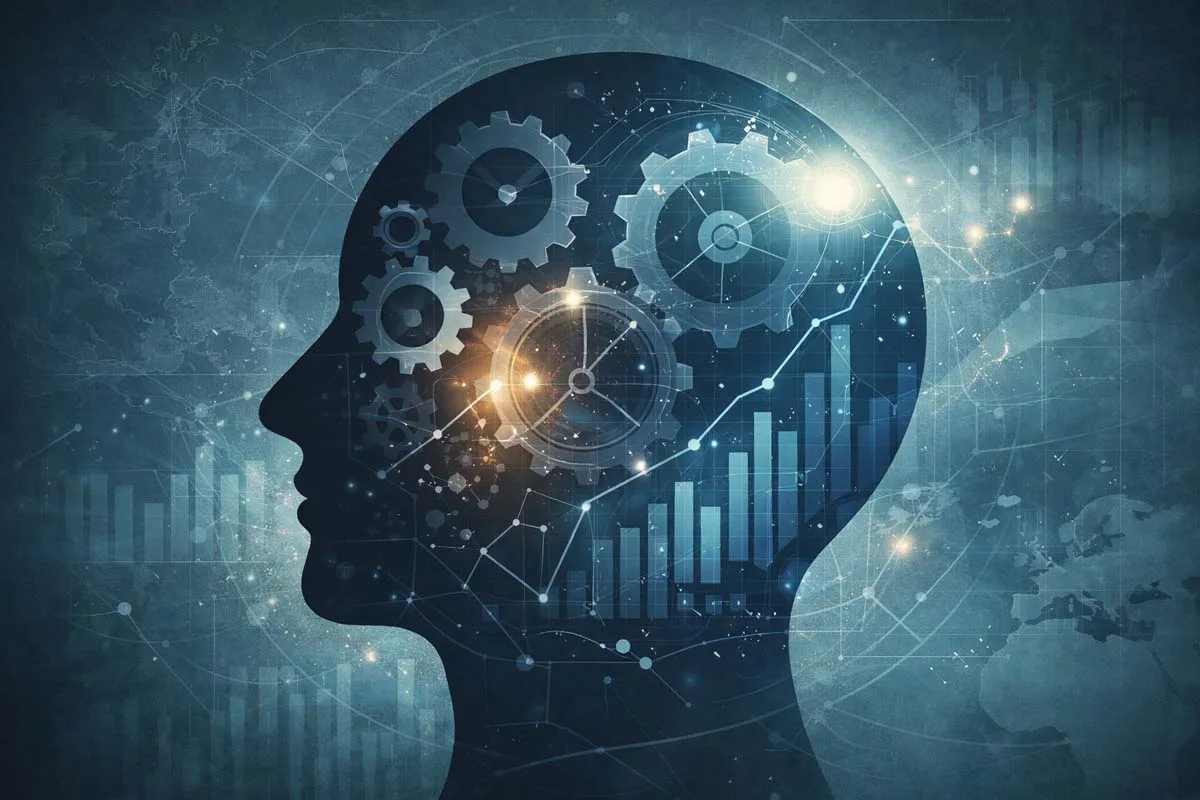 Rappresentazione astratta del pensiero strutturale con ingranaggi e grafici