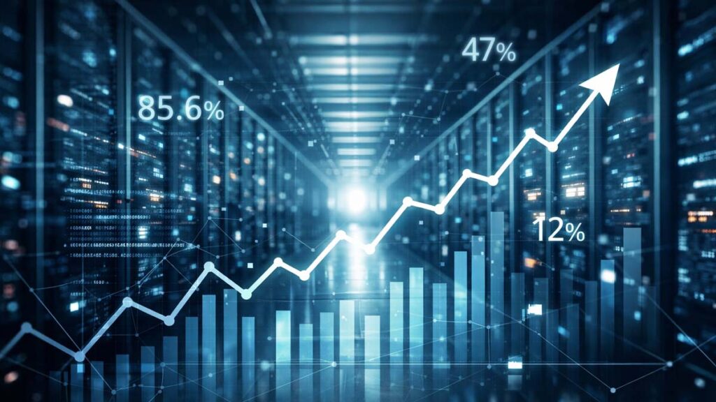 Data center con grafico in crescita a rappresentare la pressione competitiva nella governance dell’intelligenza artificiale