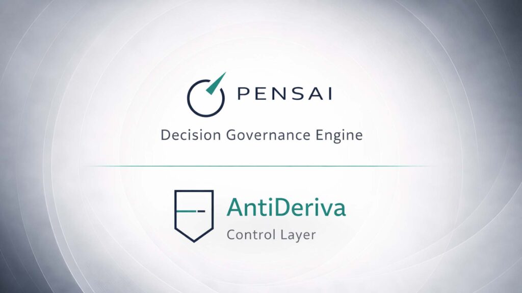 Logo di PENSAI con la dicitura ‘Decision Governance Engine’ e logo di AntiDeriva con la dicitura ‘Control Layer’ su sfondo geometrico chiaro.