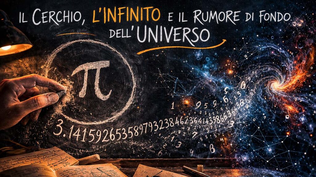 Cerchio in gesso su lavagna con simbolo pi greco che sfuma in un turbine di dati digitali e galassie