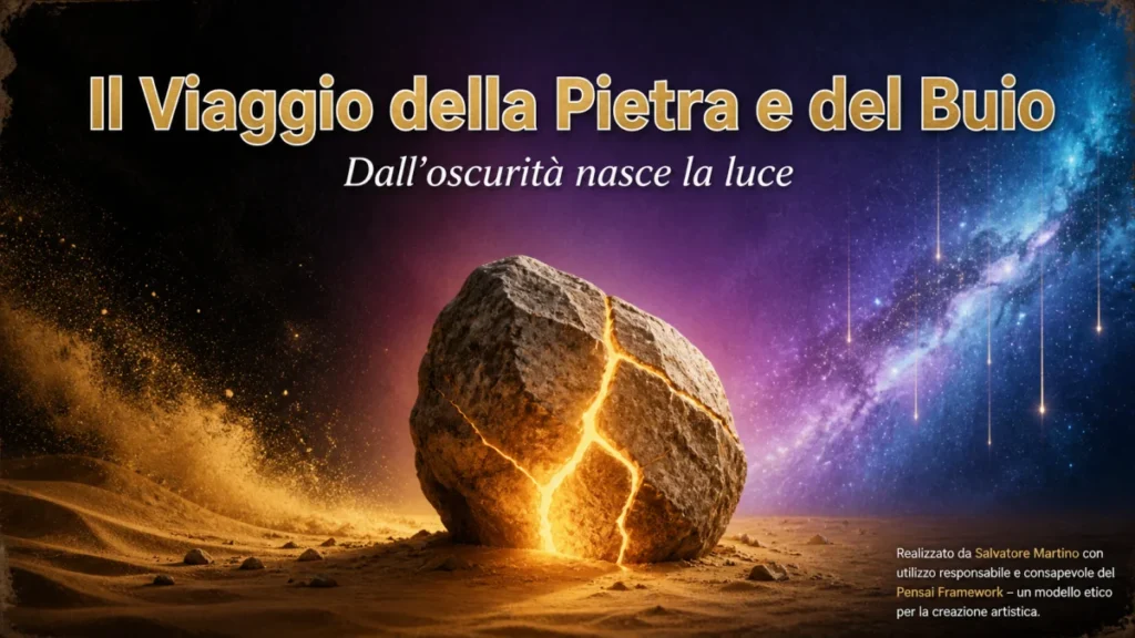 Il Viaggio della Pietra e del Buio - Opera sonora di Salvatore Martino con pietra illuminata che emerge dall'oscurità