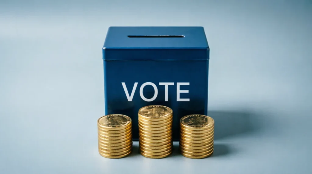 Urna elettorale con monete d'oro - simbolo dell'influenza del denaro nella politica e nella governance pubblica