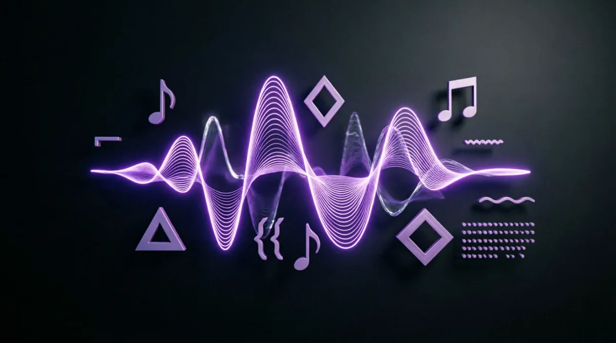 Suno Prompt Composer v1.0 Punto Zero: waveform musicale viola neon con note e forme geometriche su sfondo scuro, simbolo di governance creativa immutabile nell'AI music generation