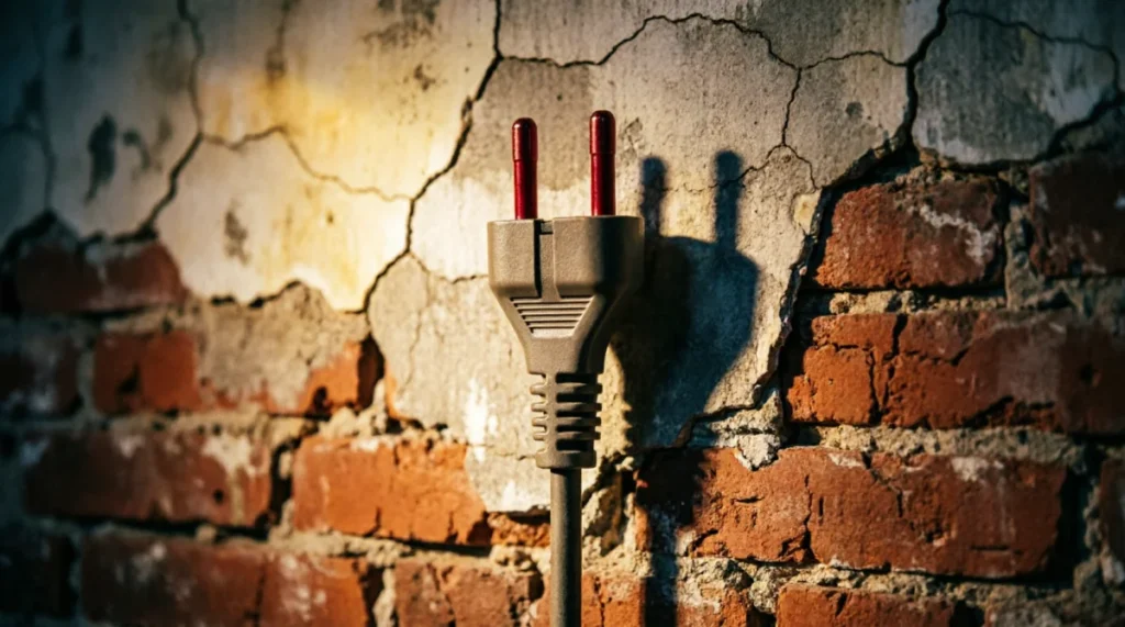 Una presa elettrica che proietta l'ombra di una gabbia.