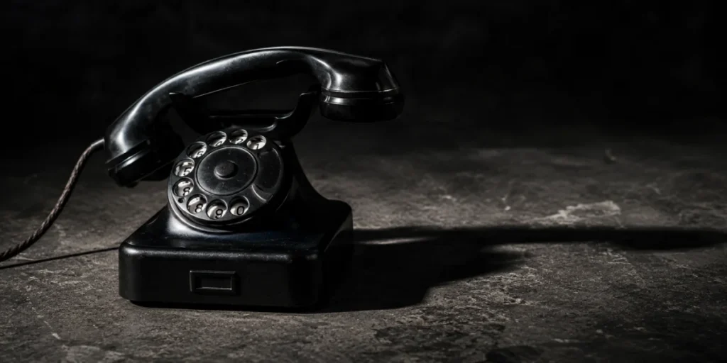 Telefono nero vintage con cornetta sollevata su superficie scura, illuminazione cinematografica e ombra lunga.