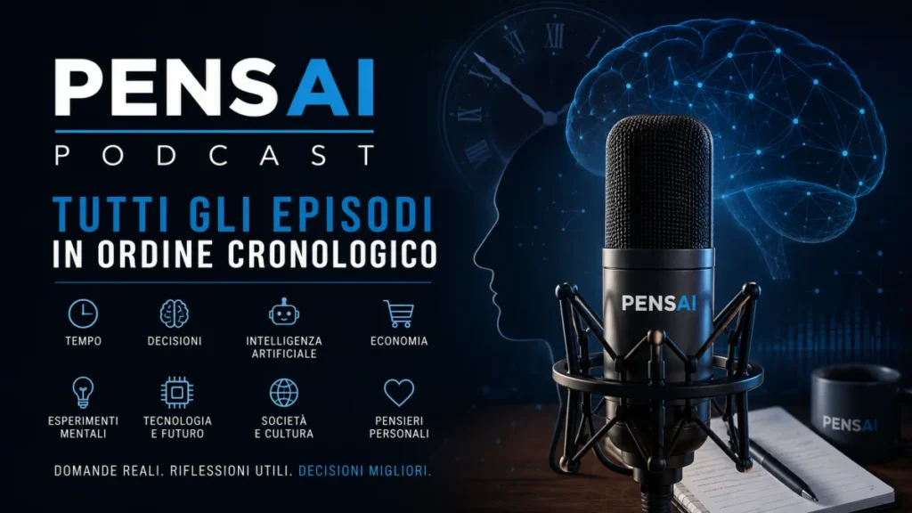 Podcast PENSAI con raccolta completa degli episodi dedicati a decisioni, intelligenza artificiale, tempo, tecnologia e pensiero critico.