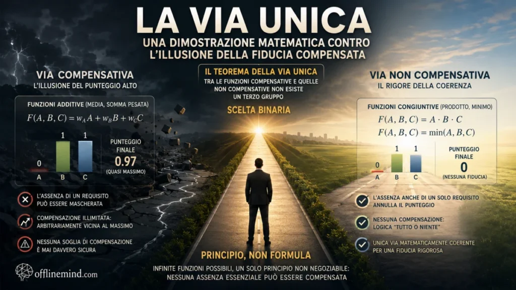 Illustrazione in formato 16:9 che rappresenta il concetto della "via unica" nella valutazione della fiducia. Al centro una strada luminosa conduce all'orizzonte, simboleggiando il principio decisionale non compensativo. A sinistra un paesaggio scuro illustra le funzioni additive, dove l'assenza di un requisito può essere compensata da punteggi elevati negli altri criteri. A destra un ambiente luminoso rappresenta le funzioni congiuntive, nelle quali la mancanza di un requisito essenziale azzera il punteggio finale. L'infografica include formule matematiche, grafici a barre e testi esplicativi che confrontano la logica compensativa con quella non compensativa, evidenziando il "teorema della via unica" e il principio secondo cui un requisito essenziale non può mai essere compensato dagli altri.