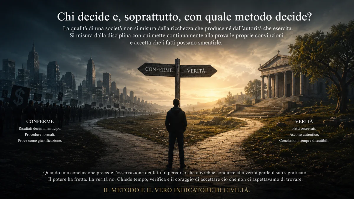 Bivio simbolico tra verità e conferme, metafora del metodo con cui una società prende decisioni e gestisce il potere.