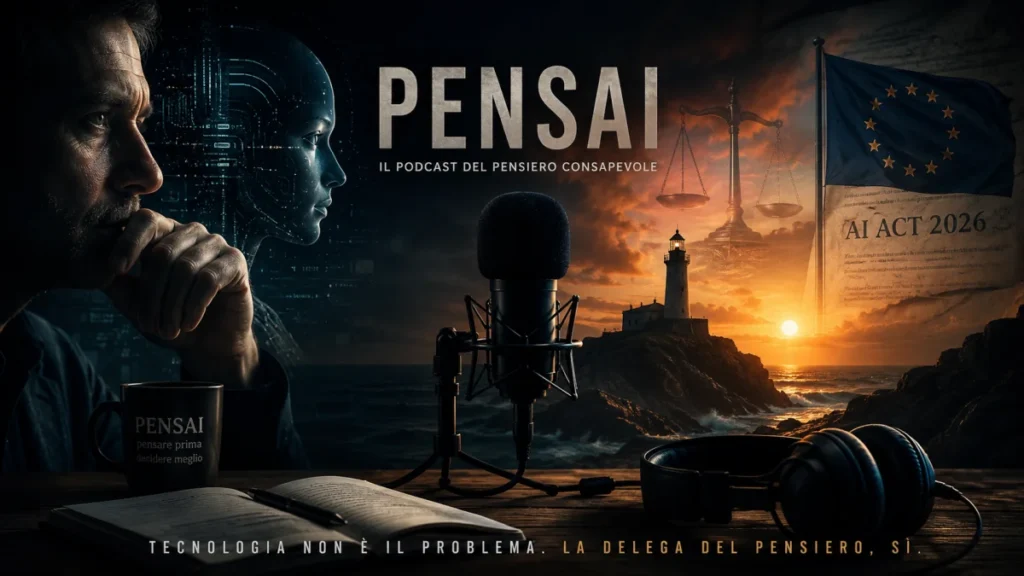 Profilo di un uomo pensieroso accanto a un volto metà umano e metà intelligenza artificiale, con un faro e la bandiera dell'Unione Europea sullo sfondo, simbolo del podcast PENSAI sul pensiero consapevole e l'AI Act 2026