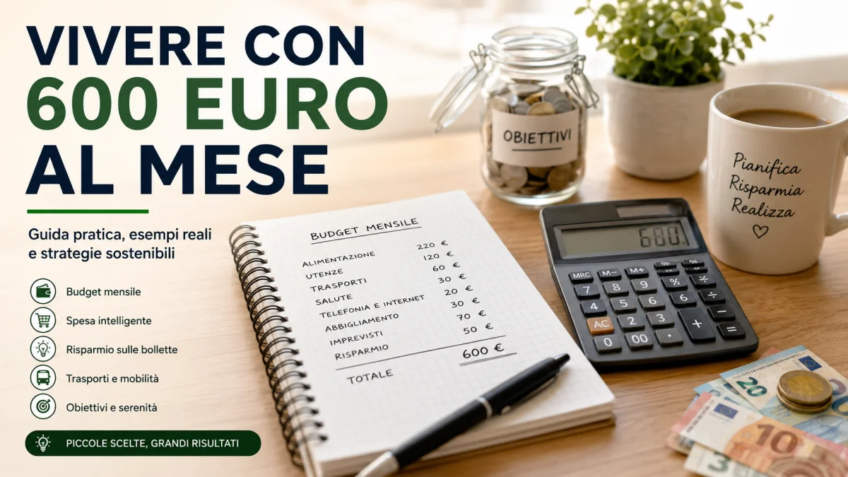 Persona che pianifica un budget mensile di 600 euro con calcolatrice, taccuino e spese domestiche.