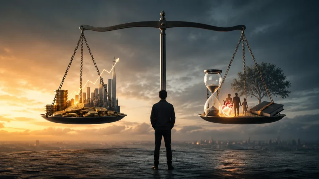Una persona osserva una grande bilancia sospesa: da un lato denaro e crescita economica, dall'altro tempo, salute, relazioni e sogni, simbolo del costo invisibile di ogni guadagno.