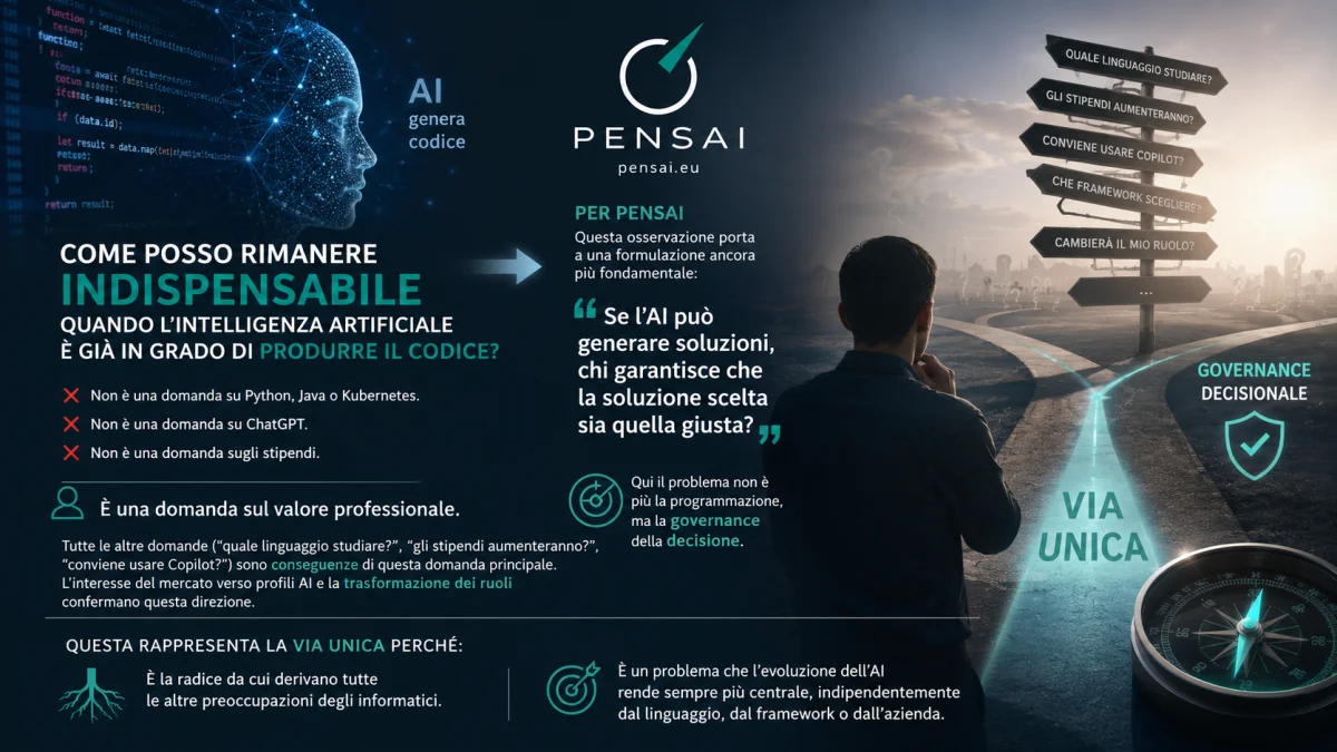 Professionista riflette sul proprio valore nell'era dell'Intelligenza Artificiale con il framework PENSAI e il concetto di Via Unica.