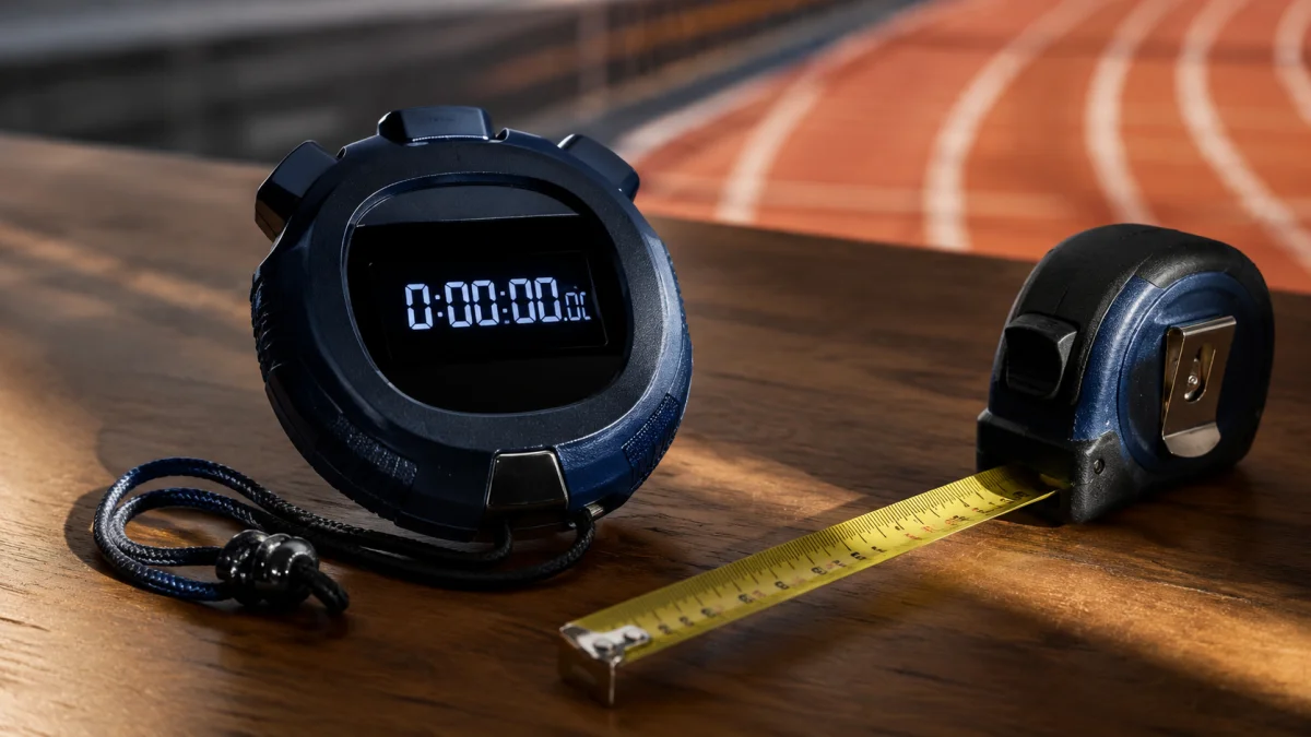 Cronometro digitale professionale e metro certificato su tavolo in legno con pista di atletica sfocata sullo sfondo, simbolo della misura precisa del tempo e della velocità.