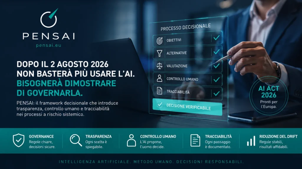 PENSAI framework decisionale per AI Act 2026, governance dell'intelligenza artificiale e controllo umano.