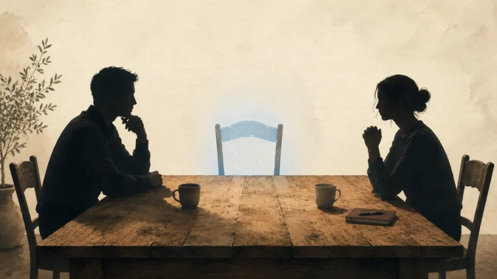 Due persone sedute a un tavolo con una terza sedia vuota che suggerisce una presenza silenziosa.