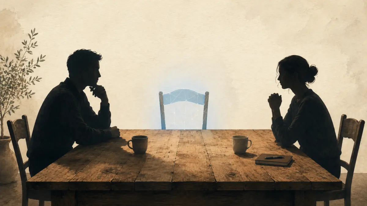 Due persone sedute a un tavolo con una terza sedia vuota che suggerisce una presenza silenziosa.