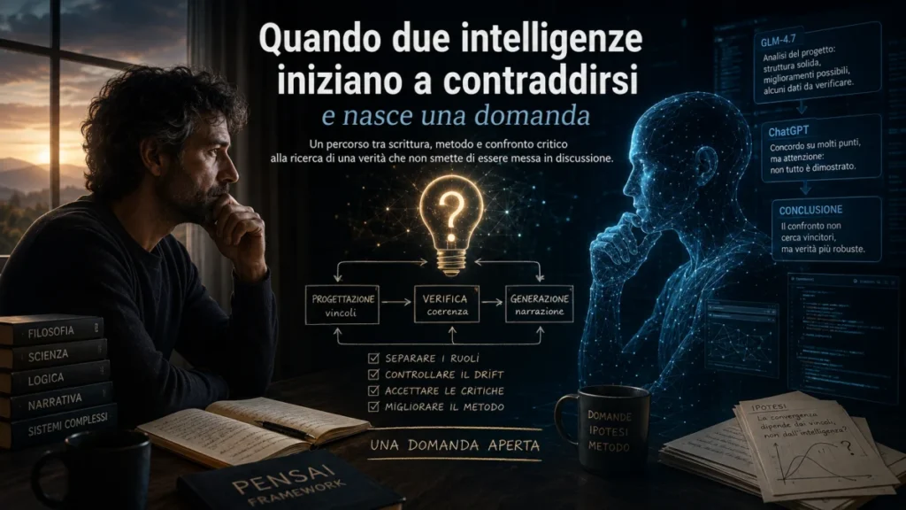 Confronto tra un essere umano e un'intelligenza artificiale durante un processo di analisi e verifica delle decisioni.