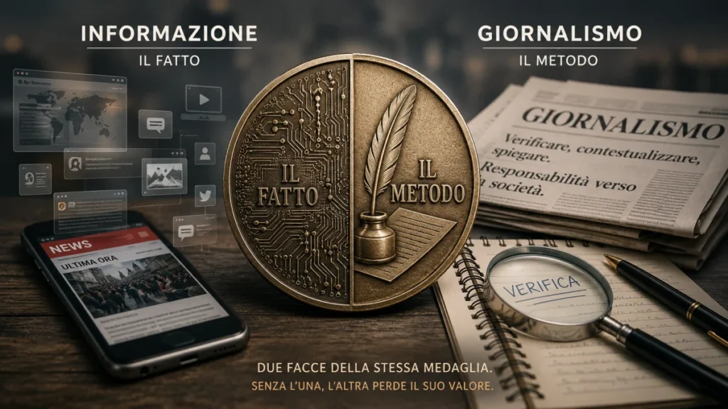 Microfono da podcast tra un quotidiano e simboli digitali, rappresentazione del rapporto tra informazione e giornalismo.
