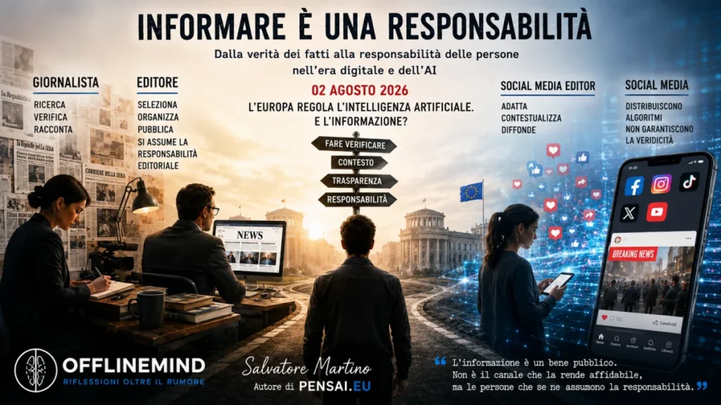 Schema che confronta giornalista, editore, social media editor e piattaforme social nel processo di diffusione dell'informazione.