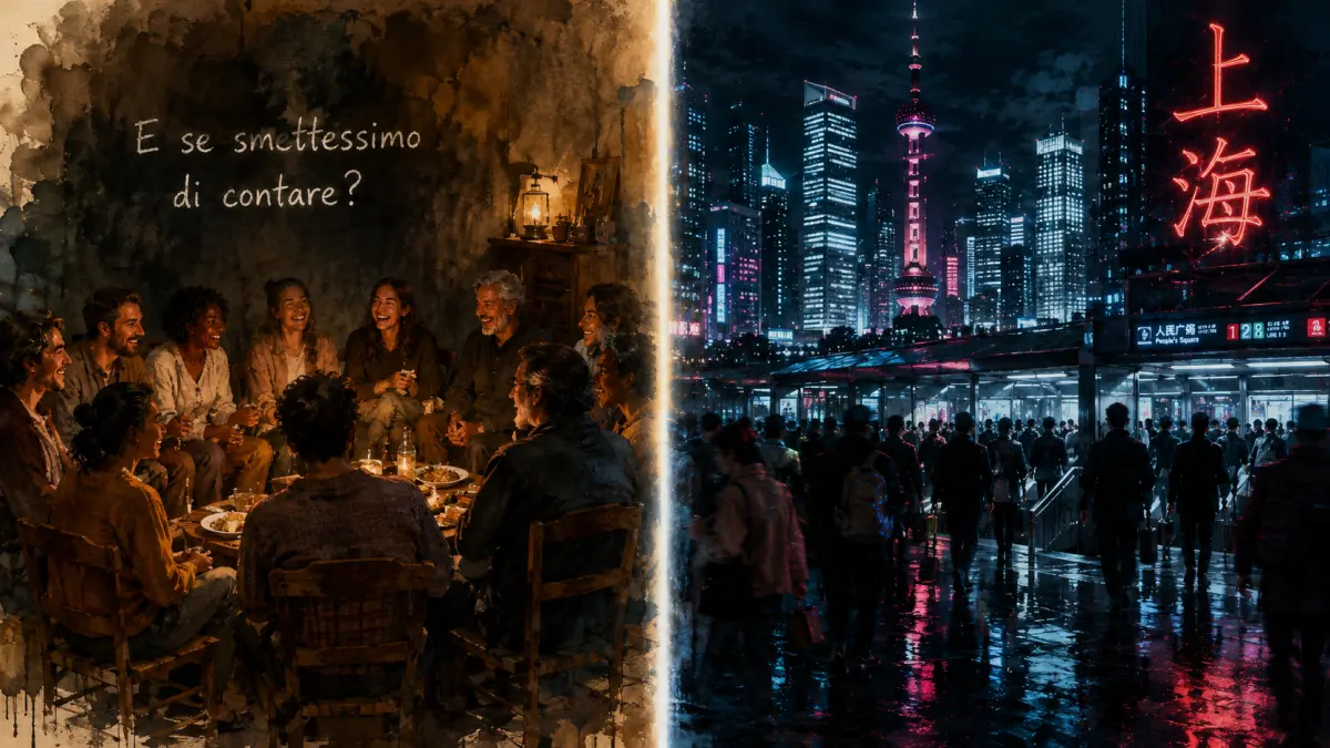 Contrasto tra una comunità che condivide un pasto e la skyline notturna di Shanghai, simbolo del confronto tra relazioni umane, denaro e società digitale.